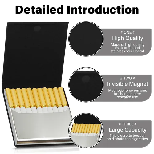 Vista 3 de Caja de cigarrillos de cuero delgada portátil para sostener 10 cigarrillos de tamaño regular - Caja de cigarrillos de cuero de acero inoxidable