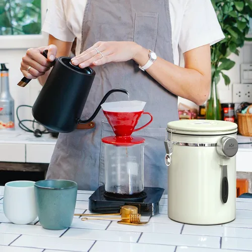 Vista 6 de Recipiente para café de 35OZ en color beige, de acero inoxidable 304, recipiente hermético de cocina para almacenamiento de café en grano o molido