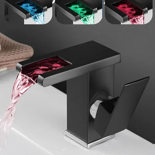 Vista 3 de Grifo de baño con luz LED RGB, boquilla de cascada, color negro, 3 colores cambiantes, mango de un agujero, conjunto de drenaje a juego