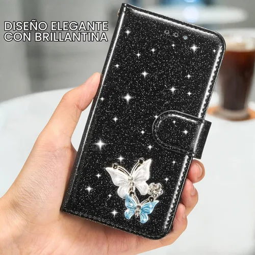 Vista 7 de UEEBAI Funda tipo cartera para iPhone 11, funda de piel sintética con purpurina para teléfono, ranuras para tarjetas, funda con función atril Negro