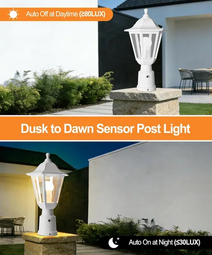 Vista 4 de FUDESY Luz de poste para exteriores del atardecer al amanecer, linterna exterior moderna blanca con base de montaje en muelle, lámpara impermeable