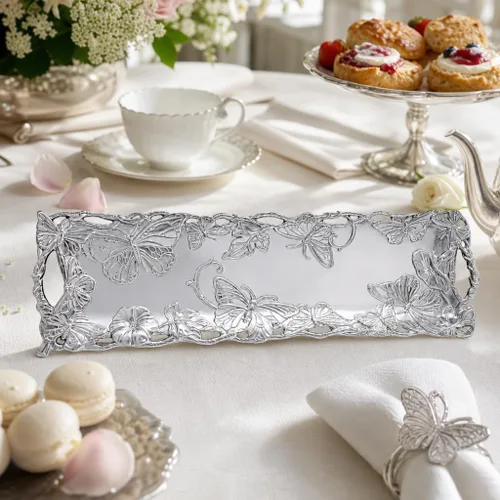 Vista 9 de Arthur Court Bandeja oblonga de aluminio de mariposa de 18.5 x 6 pulgadas, elegante vajilla para entretenimiento