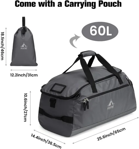 Vista 5 de G4Free Bolsa de gimnasio de 60 L, bolsa de lona de 3 vías con compartimento para zapatos y bolsillo húmedo para hombres y mujeres, mochila de lona