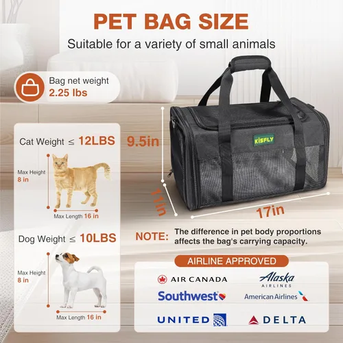 Vista 5 de Transportador para gatos y perros pequeños aprobado por aerolíneas de 17"x11"x9.5"– De lados suaves, bolsa de viaje plegable debajo del asiento