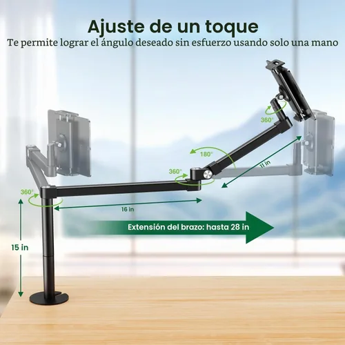 Vista 4 de elitehood Soporte de escritorio para iPad de brazo largo con base de montaje con ojales, soporte de aluminio resistente para tableta, soporte