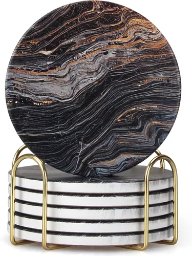 Vista 10 de Juego de 6 posavasos de cerámica abstractos de mármol negro con soporte para escritorio, salón, mesa de café, vino, bebidas, bar