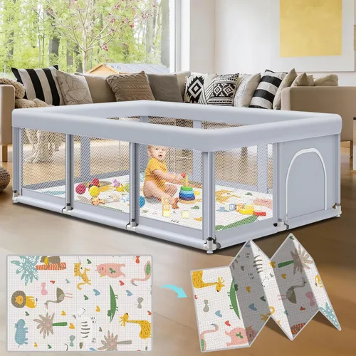 Vista 15 de Fshibila Corralito para bebés con alfombra, corralitos para bebés y niños pequeños, corralito de juego BabyFence para interiores y exteriores, patio