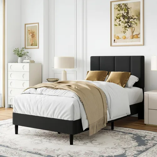 Vista 17 de IOILORI Base de cama tamaño matrimonial con cabecera tapizada de terciopelo, listones de madera resistentes, sin caja de resortes, sin ruido, fácil