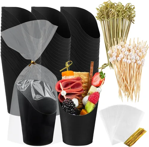 Vista 9 de Ocmoiy Vasos para embutidos con palillos negros desechables de 14 onzas de papel kraft, vasos individuales de aperitivo para servir en fiestas