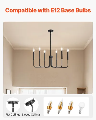 Vista 5 de VEVOR Candelabro de 6 Luces, Candelabro de Metal Estilo Granja, Altura Ajustable, Lámpara Colgante de Comedor para Techos, Candelabro Moderno