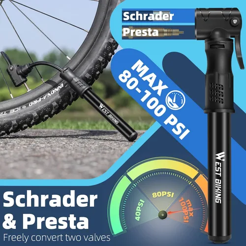 Vista 2 de Bomba de bicicleta Mini bomba de bicicleta – Bomba de ciclo de aleación de aluminio para válvula Presta y Schrader, bomba de neumáticos de bicicleta
