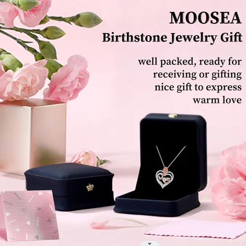 Vista 7 de MOOSEA Mom Necklace for Women, Moissanite Diamond Side Stone Rose Heart Birthstone Necklace 18K White Gold Vermeil Interlocking Heart Necklace for