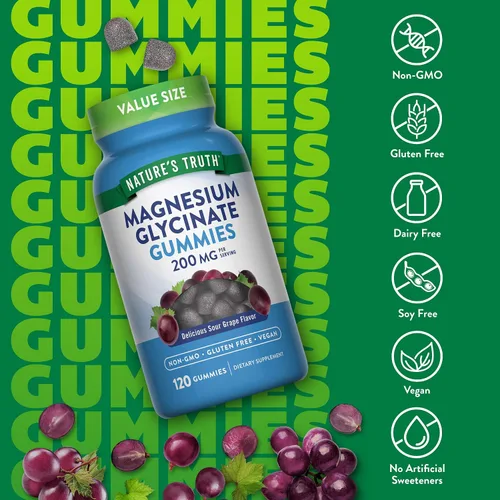 Vista 3 de Nature's Truth Gomitas de glicinato de magnesio para adultos 200 mg 120 unidades Sabor a uva Suplemento vegano, sin OMG y sin gluten