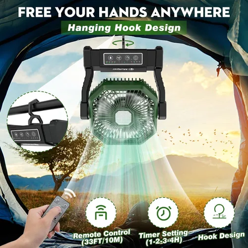 Vista 5 de Multper Ventilador portátil, ventilador de campamento de 20000 mAh con linterna LED y control remoto, ventilador recargable de 4 velocidades y 4