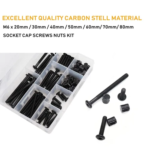 Vista 2 de Kit de tornillos de cuna M6, perno de conector plano negro para muebles con tuercas de barril para marcos de cama, 0.787 in - 3.150 in (5 tamaños)