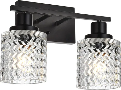 Vista 8 de MELUCEE Aplique de pared de 2 luces con pantalla de vidrio martillado, luces de baño de níquel cepillado sobre el espejo, accesorios de iluminación