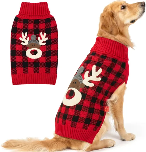 Vista 18 de KYEESE - Suéter de Navidad para perros con diseño de renos para perros pequeños, ropa a cuadros de búfalo rojo con agujero para la correa para días