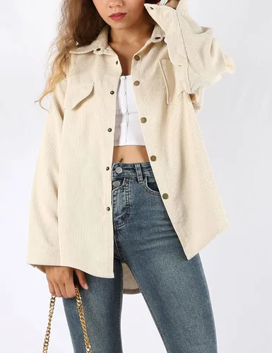 Vista 2 de Himosyber Chaqueta casual de pana de gran tamaño con solapa de pana sólida para mujer