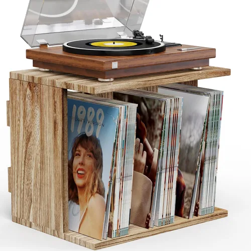 Vista 8 de Emfogo Vinyl Record Storage, Record Player Stand Wall Mount Up to 80-100 Albums, 3-Compartment Vinyl Record Holder, Black Negro