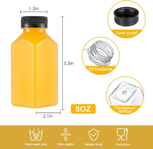 Vista 4 de Dabacc Botellas de jugo, 45 piezas de 8 onzas de botellas de plástico con tapas herméticas reutilizables, contenedores de agua transparentes vacíos