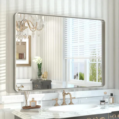 Vista 47 de Paquete de 2 espejos de baño con marco de metal negro de 22 x 30 pulgadas, espejo rectangular redondeado negro mate, antioxidante, se cuelga