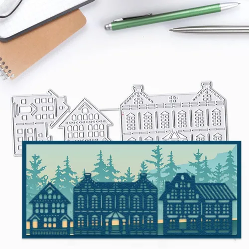 Vista 5 de Hying 2 troqueles de fondo de Navidad para hacer tarjetas, troqueles de corte de edificios de Navidad para álbumes de recortes, papel