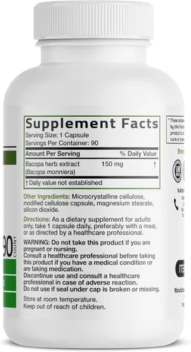 Vista 2 de Bronson Bacopa apoya la función cerebral saludable y el rendimiento mental, hierba tradicional, sin OGM, 90 cápsulas vegetarianas