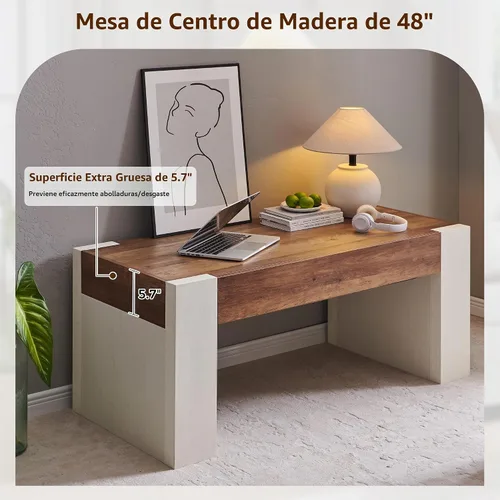 Vista 5 de OKD Mesa de café de 48" moderna estilo casa de campo, mesa de madera para sala de estar con cajón de almacenamiento oculto, mesas centrales