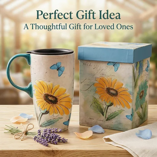 Vista 5 de Taza de café de cerámica de 17 onzas con tapa, taza de viaje de porcelana floral de margarita, taza de café alta con asa, apta para microondas