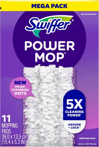 Vista 12 de Swiffer PowerMop - Recambios de almohadilla de trapeador multisuperficie para limpieza de pisos, 11 unidades, color blanco/morado