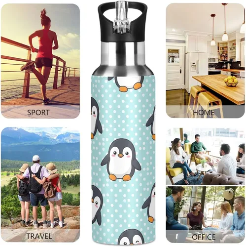 Vista 5 de Stainless Steel Vacuum Insulated Water Bottle 20 Oz, BPA-Free Sports Water Bottle for Gym Outdoor Travel School, Cute Cartoon Penguins Blue