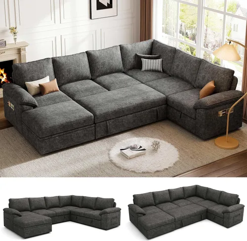Vista 22 de Sofá Seccional Modular de 85 Pulgadas con Cama Extraíble, Sofá Cama Seccional en Forma de L de 5 Asientos con Almacenamiento, Sofás Seccionales