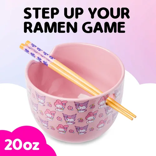 Vista 115 de Silver Buffalo Hello Kitty y sus amigos Chococat - Tazón de cerámica para ramen y arroz con palillos, patrón a cuadros, apto para microondas, 20