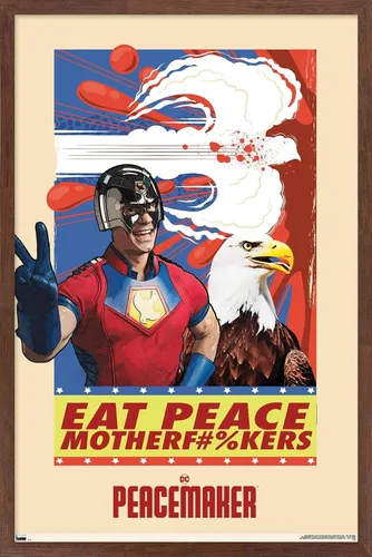 Vista 10 de DC Comics TV Peacemaker - Póster de pared Eat Peace, 22.4 pulgadas de largo x 14.7 pulgadas de ancho, versión enmarcada de madera de granero Versión