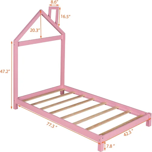 Vista 2 de Merax Cama de plataforma de madera tamaño individual con cabecero en forma de casa para niños y niñas, rosa