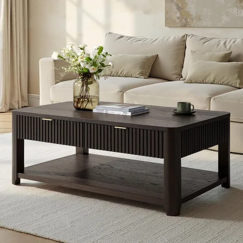 Vista 10 de HULALA HOME Mesa de centro moderna acanalada con almacenamiento, mesa de centro de chapa de roble de madera con mesa ancha, 2 cajones y estante Nogal