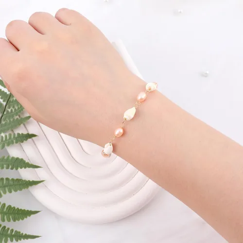 Vista 5 de Pulsera de perlas de concha de mar para mujer, pulseras de perlas de agua dulce rosadas, pulsera de perlas de conchas brillantes y delicadas