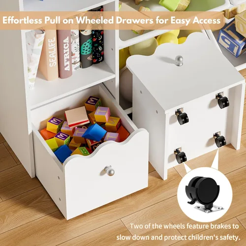 Vista 5 de HOMMPA Organizador de almacenamiento de juguetes para niños de 55 pulgadas de ancho con 2 cajones movibles, estantería de 4 niveles para niños