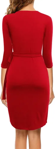 Vista 2 de Vestido cruzado de imitación negro para mujer, manga 34, sexy, cuello en V, vestido casual para invitados de boda