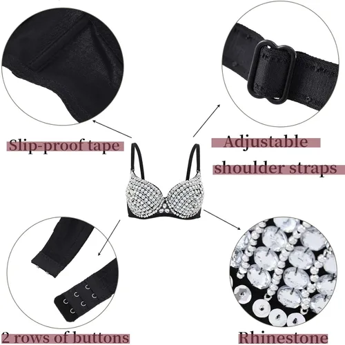 Vista 5 de Woeoe Corsé de diamantes de imitación Bustier Crop Top Negro Diamante Bra Club Rave Rhinestone Tops Joyas para Mujer