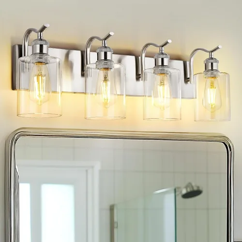 Vista 29 de Lámpara de tocador de baño de 3 luces, aplique de pared de níquel cepillado, lámpara de baño moderna con vidrio transparente, VL01BN-3 Níquel