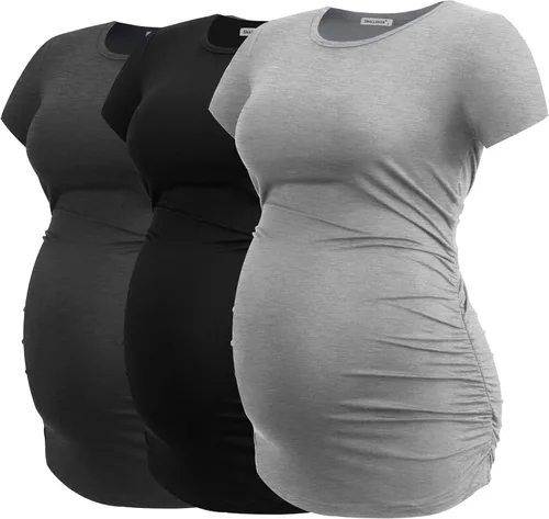 Vista 12 de Smallshow - Camiseta de maternidad para mujer, lados fruncidos, tipo túnica, prendas para el embarazo Verde militar-negro-gris profundo