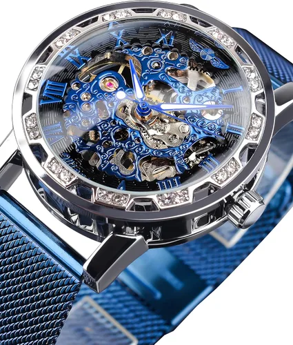 Vista 3 de Reloj de pulsera mecánico retro steampunk con diamantes de talla real para hombre, elegante reloj de pulsera mecánico
