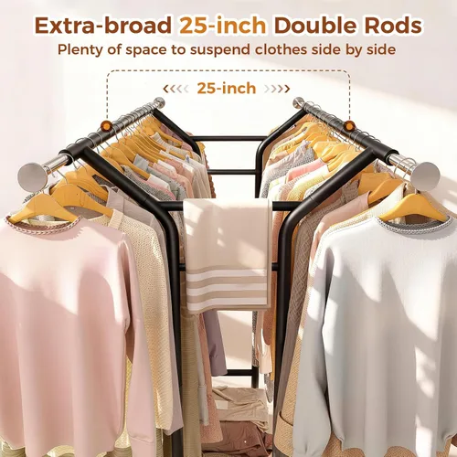 Vista 5 de Luxspire Perchero resistente con carga de 650 libras, percheros de ropa de doble barra para colgar ropa, estantes de ropa rodantes con ruedas
