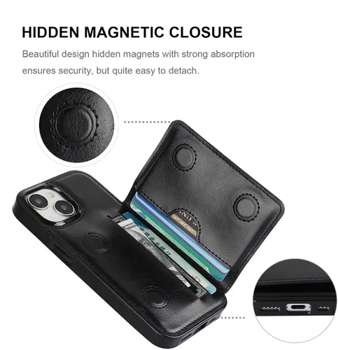Vista 7 de KIHUWEY - Funda tipo cartera para iPhone 15 (piel, tarjetero), color negro Ranuras para tarjetas de crédito, soporte, piel sintética, cierre