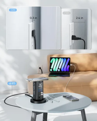 Vista 7 de Kakyanill Estación de carga USB de 30 W, torre de regleta de alimentación, 9 salidas de CA con 8 puertos USB (4 USB-C), cable de extensión retráctil