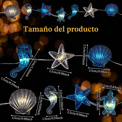 Vista 2 de Zhanmai 2 piezas de luces de cadena para decoración marina temática náutica de conchas y caballitos de mar para dormitorio, 10 pies, 30 luces LED