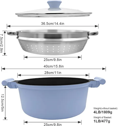 Vista 6 de Olla de vapor de 7 cuartos de galón para cocinar, olla grande con tapa, olla antiadherente con cesta de vapor de verduras y albóndigas, utensilios