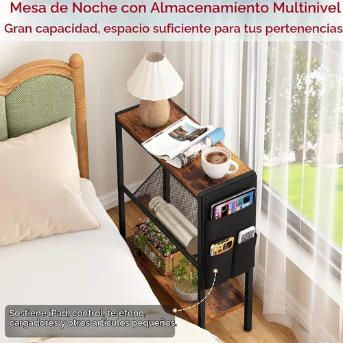 Vista 5 de Yusong Mesa auxiliar pequeña y estrecha para espacios pequeños, mesa auxiliar delgada con bolsa de almacenamiento, mesa de aperitivos para sofá