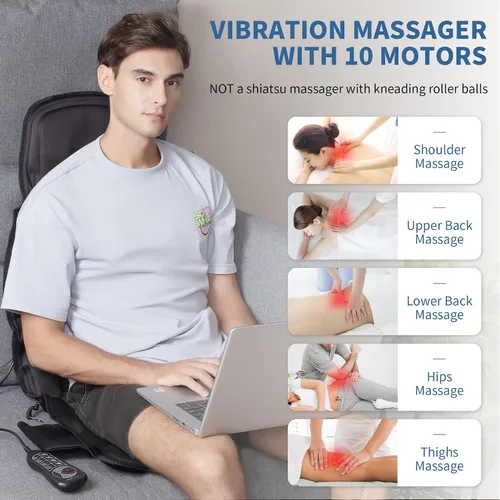 Vista 6 de Masajeador de asiento Sotion, masajeador de espalda vibrante para cojín de masaje de silla, 10 vibraciones para aliviar el estrés y la fatiga